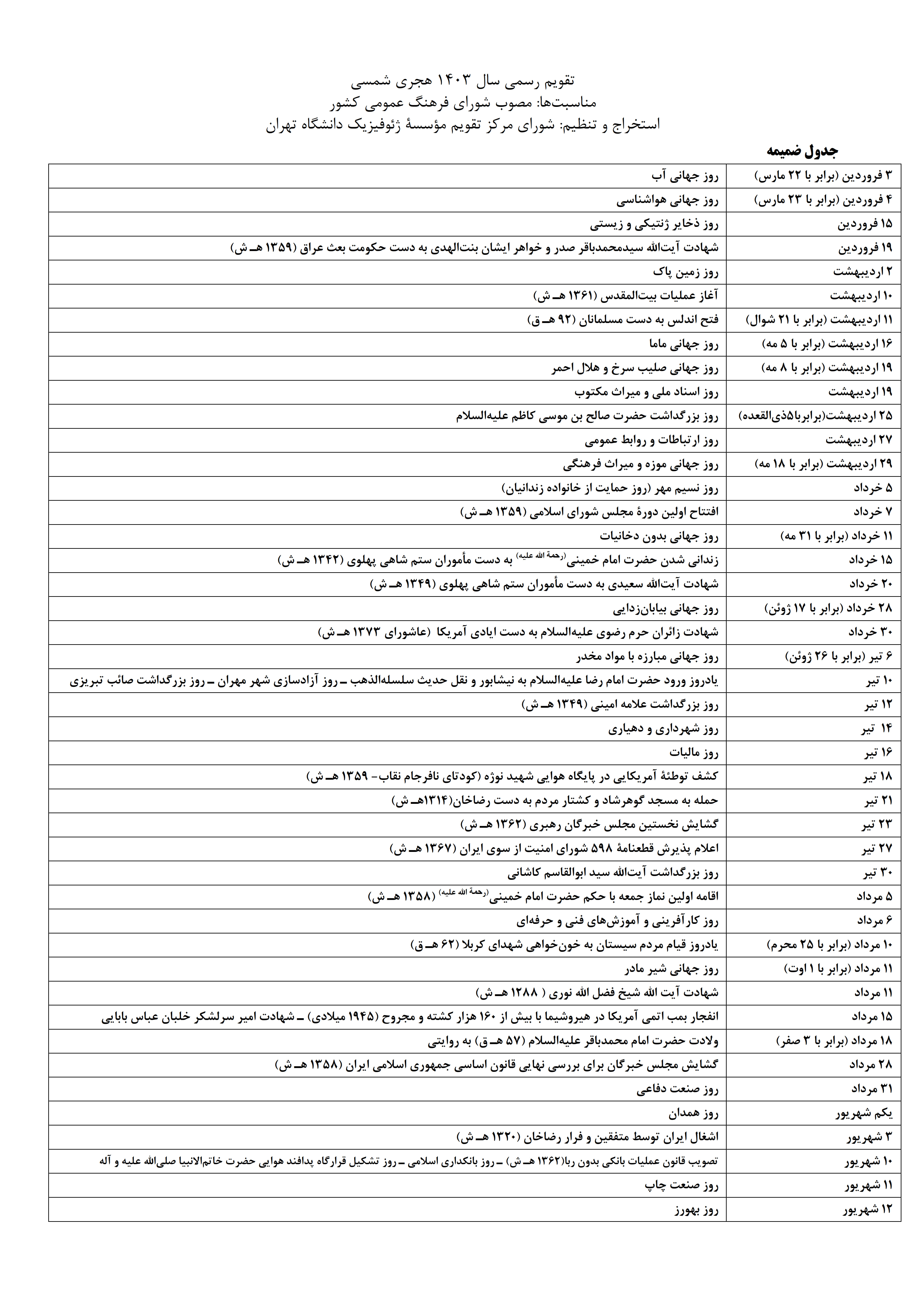 دانلود رایگان PDF تقویم رسمی سال 1403 هجري شمسي