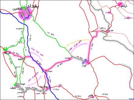نقشه راهنمای مرز مهران تا نجف اشرف و کربلای معلی